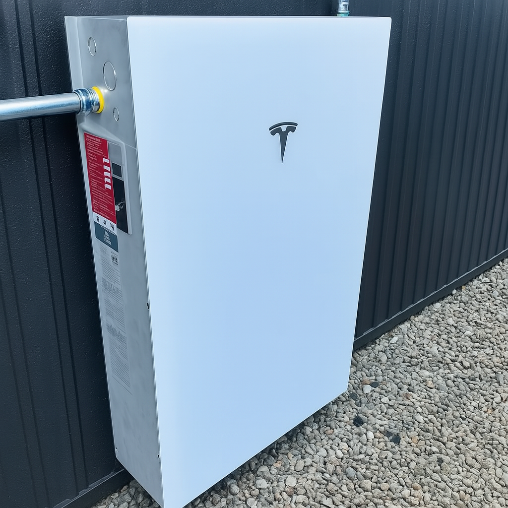 Tesla battery unit mounted on a wall with a tool attached