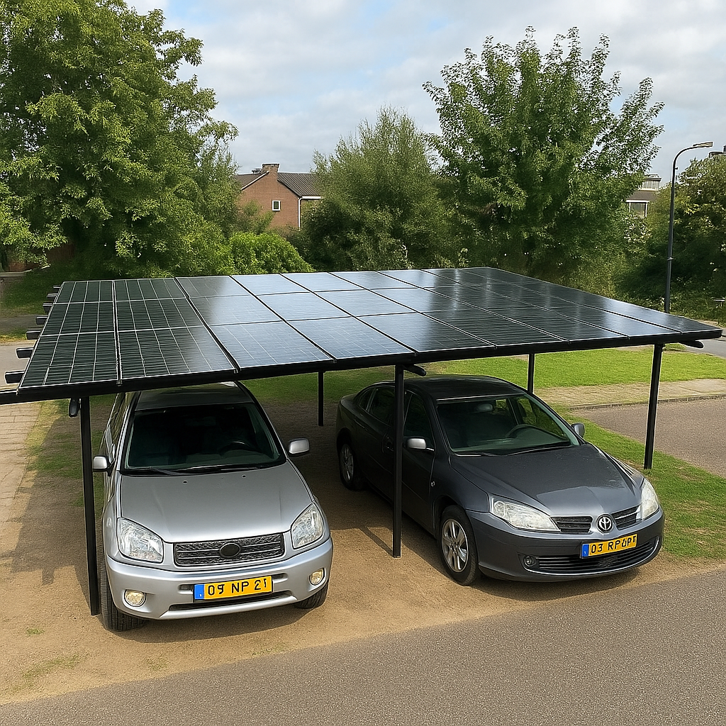 Solar carport with two cars underneath on a residential street.