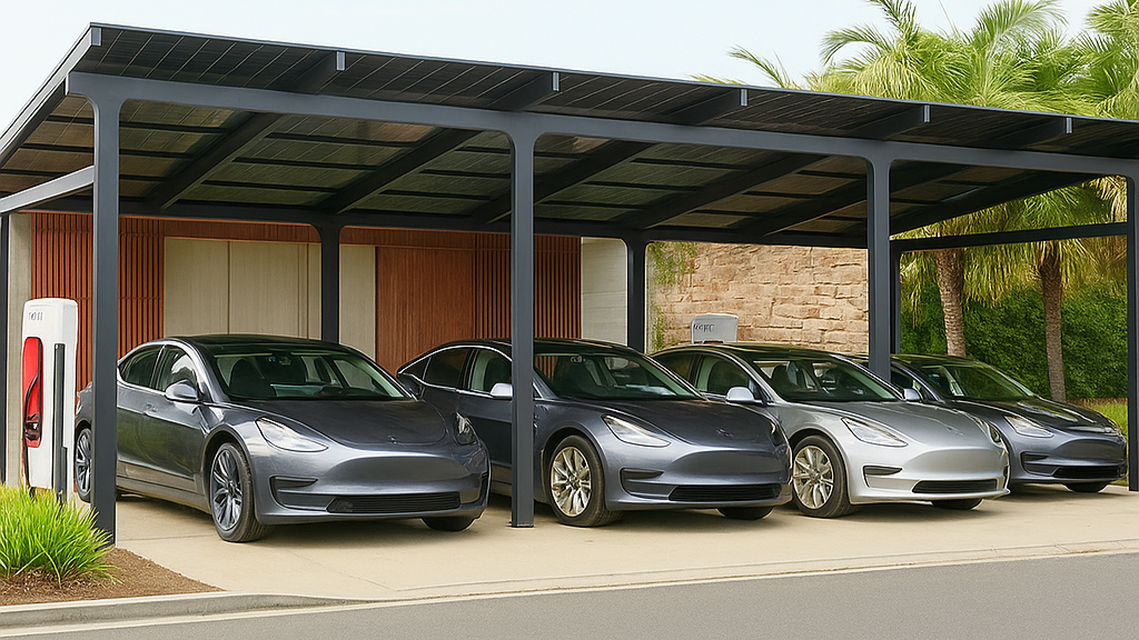 Row of electric cars under a solar carport with palm trees in the background