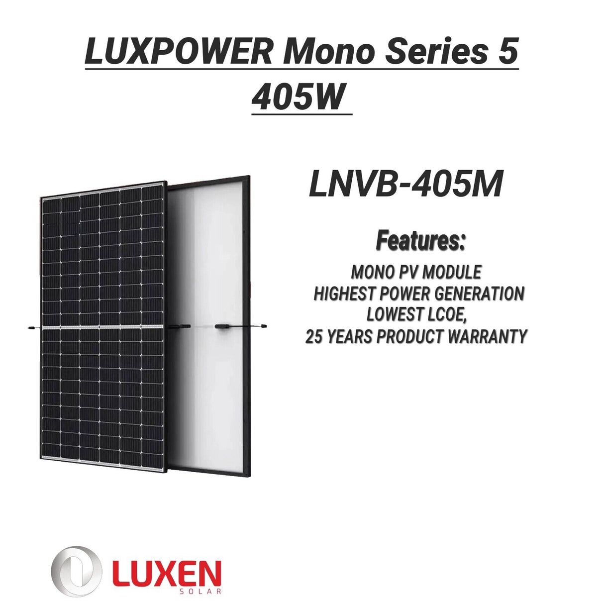 LUXEN 405W LNVB-405M Mono PERC Solar Panel β High-Efficiency Module