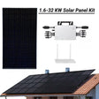 A composite image showcasing a black-on-black solar panel kit with micro-inverter and roof mounting system. Includes a visual of the solar panels on a roof and a close-up of the panel components.