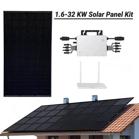A composite image showcasing a black-on-black solar panel kit with micro-inverter and roof mounting system. Includes a visual of the solar panels on a roof and a close-up of the panel components.