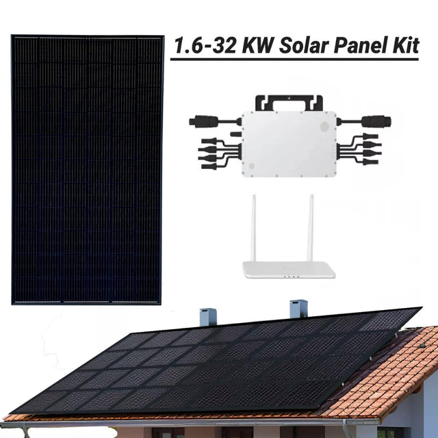 A composite image showcasing a black-on-black solar panel kit with micro-inverter and roof mounting system. Includes a visual of the solar panels on a roof and a close-up of the panel components.