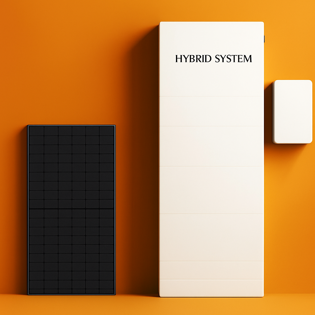An image showcasing a solar panel and battery backup kit for home energy storage, with the text 'HYBRID SYSTEM' on a white box, set against an orange background.