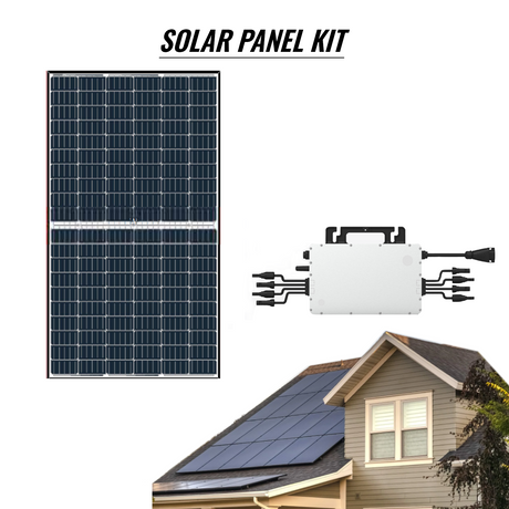 A graphic representation of a 2.5kw Solar panel kit with micro-inverter and racking system, showing the panels on a roof and the micro-inverter.