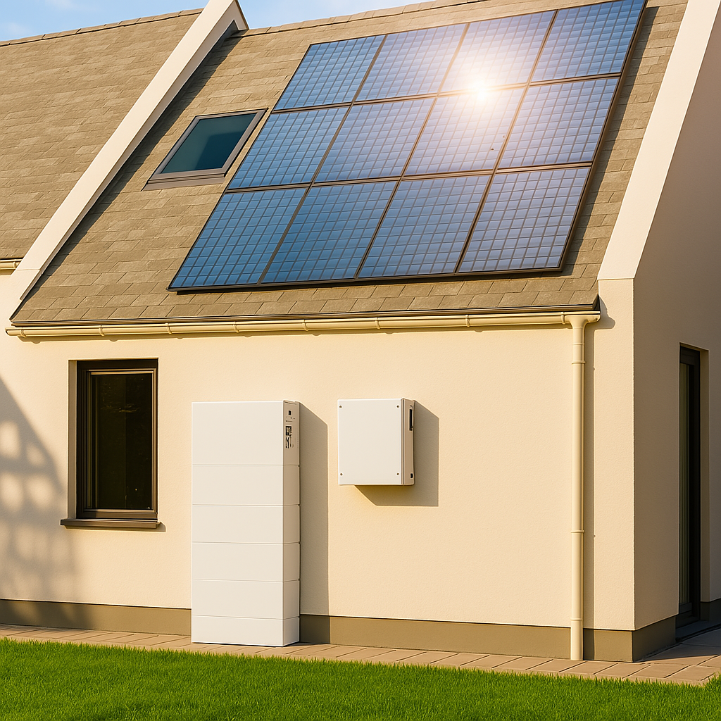 Solar panels on a house roof with a battery system below.