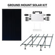 Ground mount solar panel kit including black solar panels, microinverters, and mounting hardware on a clear background.