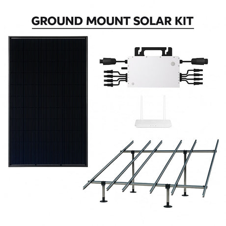 Ground mount solar panel kit including black solar panels, microinverters, and mounting hardware on a clear background.