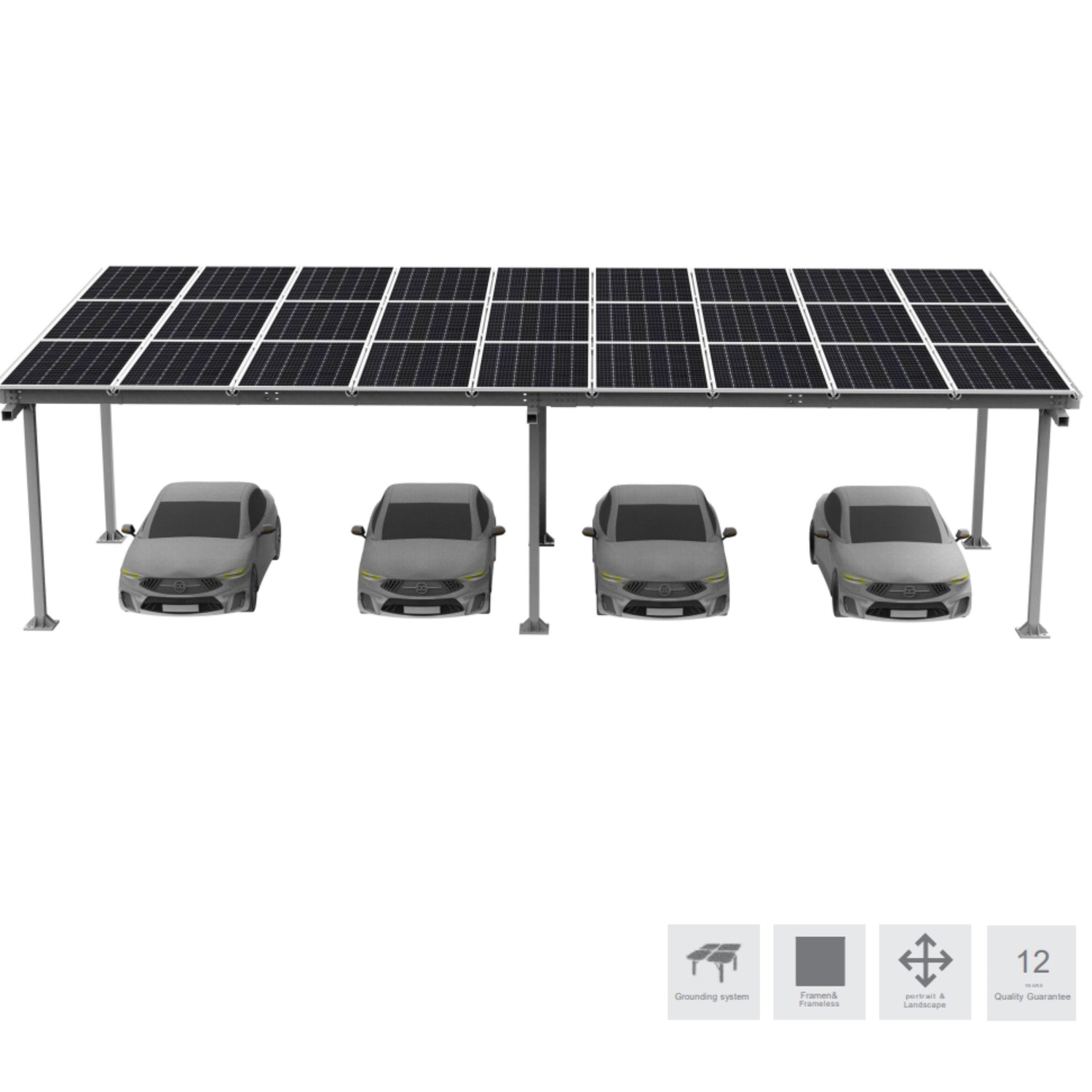 A steel solar carport designed to cover four cars, with a flat panel arrangement for solar energy generation. The image also shows a side view of the carport structure and indicates the snow load resistance.