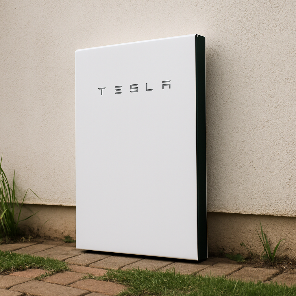 Tesla battery unit against a beige wall
