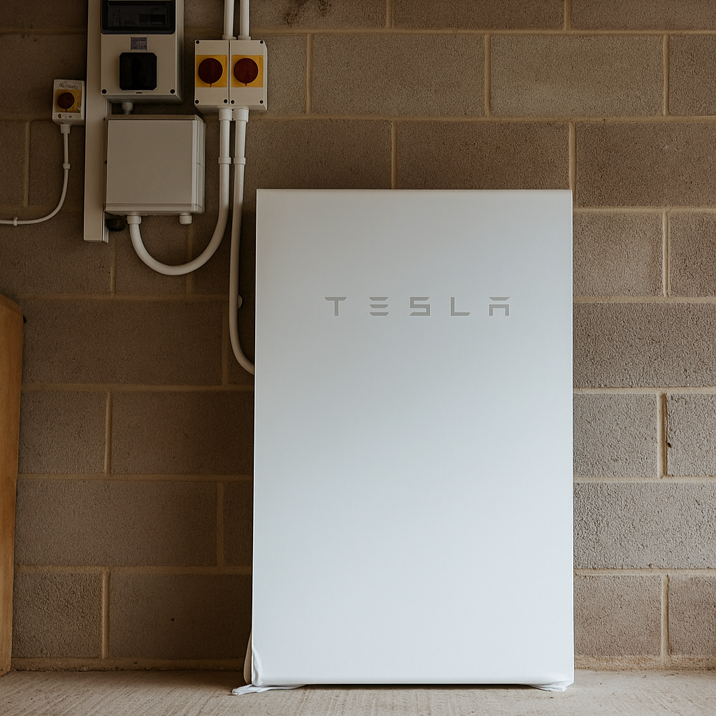 Tesla battery unit against a brick wall