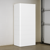 White textured cabinet against a beige wall with a partially open door.