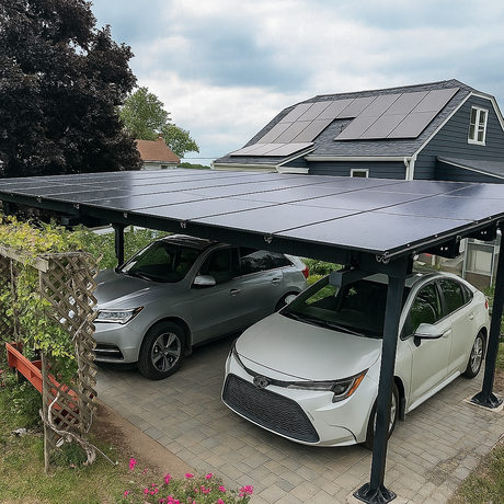 Solar carport with two cars underneath, house with solar panels on roof in background