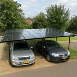 Solar carport with two cars underneath on a residential street.