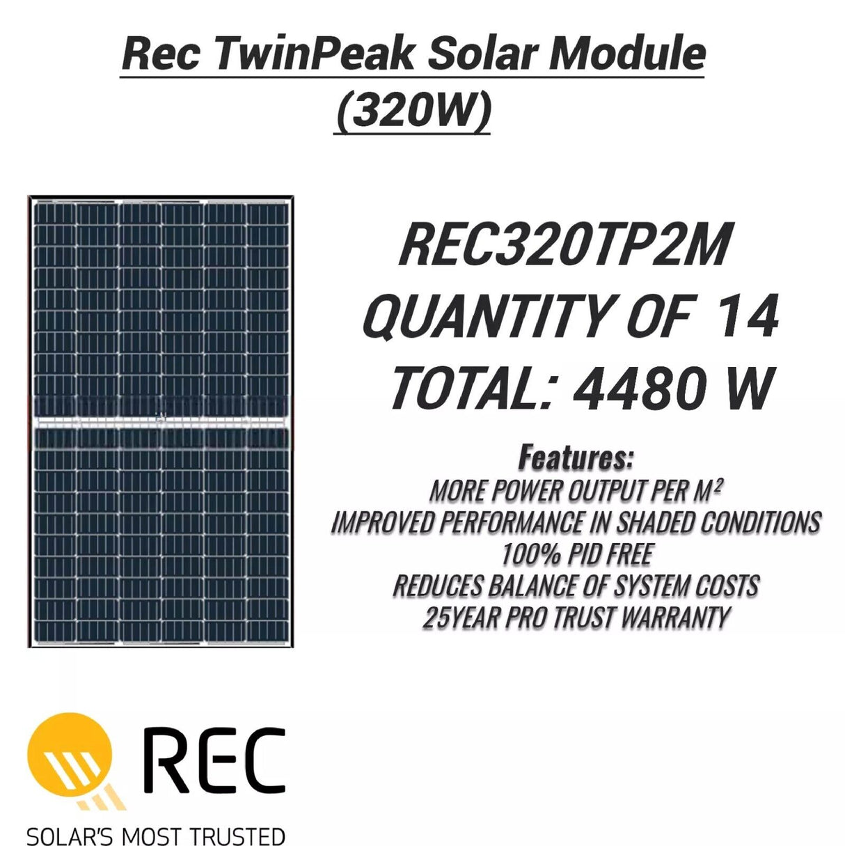 14x REC 320W Mono Solar Panels (REC320TP2M) High Efficiency and Durable