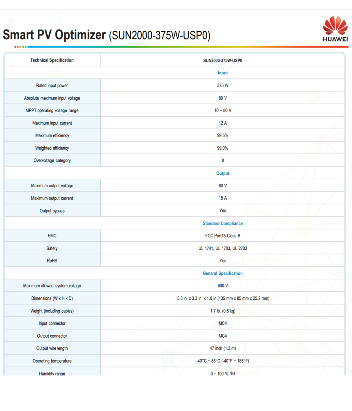 10x375W HUAWEI Smart PV Optimizers (SUN2000-375W-USP0) Enhanced Solar