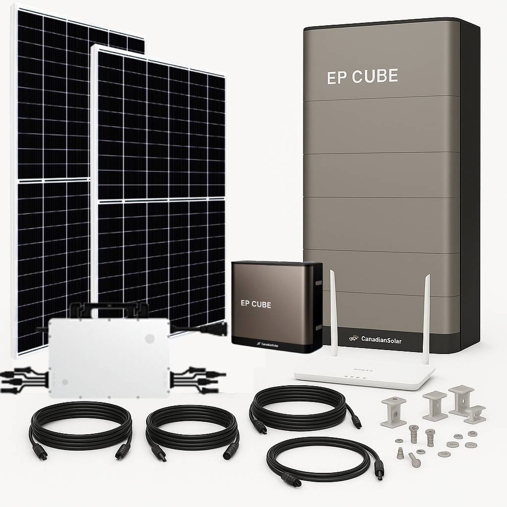 Solar panel system with EP CUBE battery and accessories on a white background
