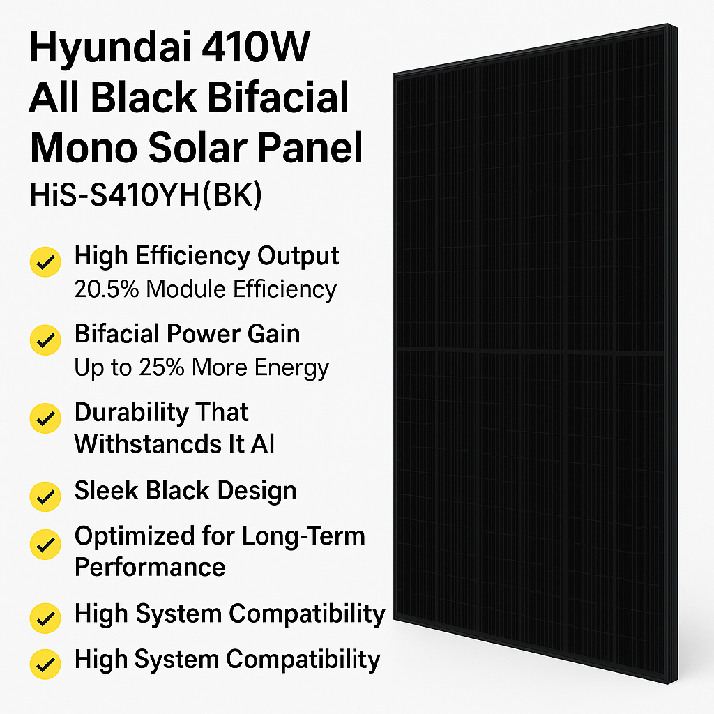 Hyundai 410W All Black Bifacial Monocrystalline Solar Panel – HiS-S410YH(BK)