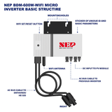 Diagram of NEP BDM-600W-WIFI micro inverter with labeled parts on a white background.