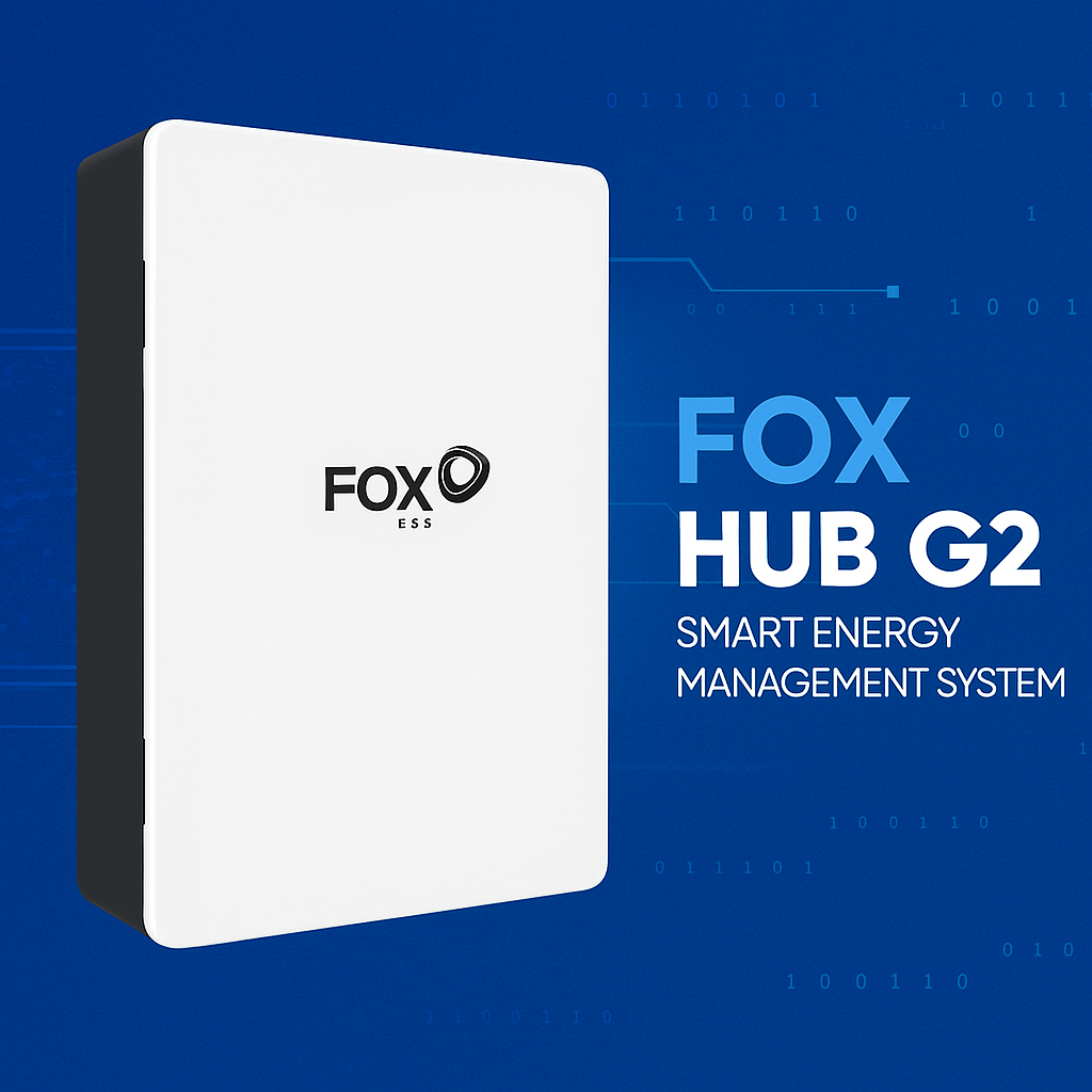 FOX HUB G2 smart energy management system on a blue background