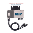 Microinverter with cables and installation manual on a white background