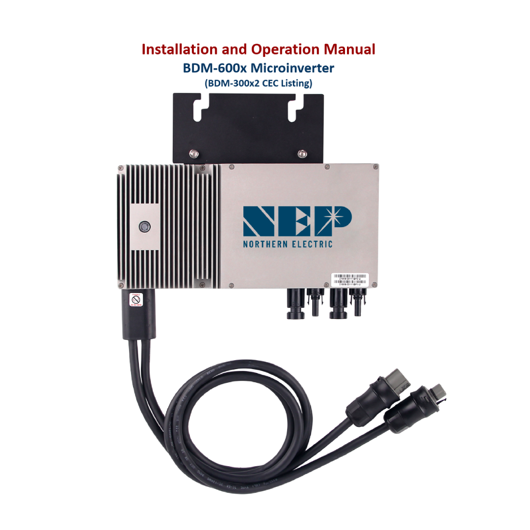 Microinverter with cables and installation manual on a white background
