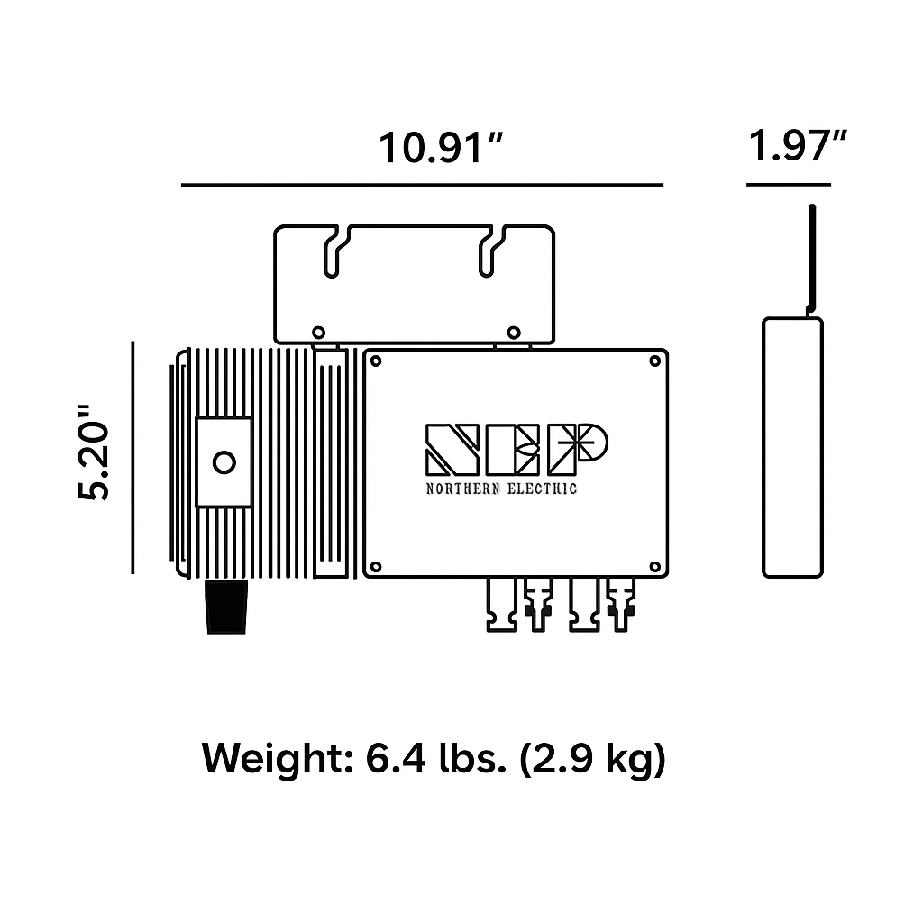 Technical drawing of a device with dimensions and weight information, featuring the Northern Electric logo.