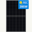 Solar panel with 'REC' logo and 395W rating on a white background