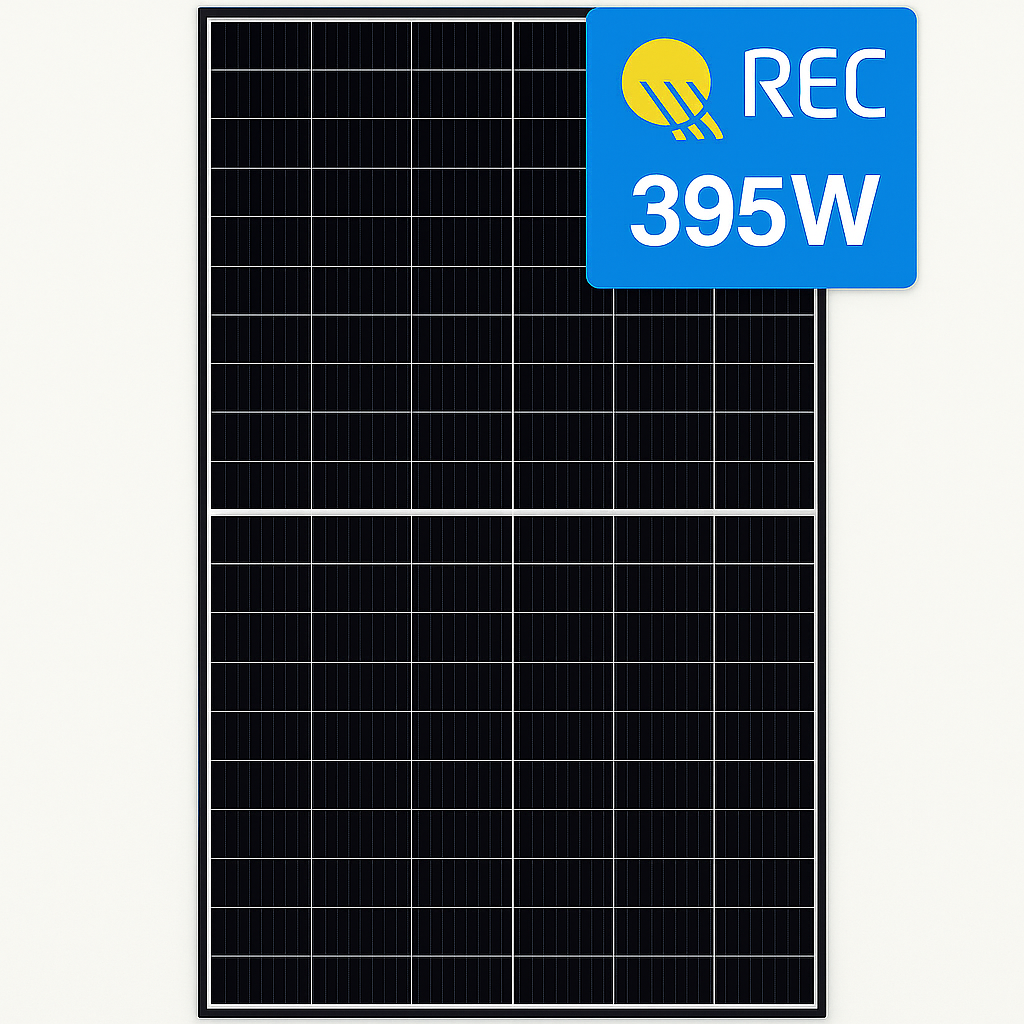 Solar panel with 'REC' logo and 395W rating on a white background