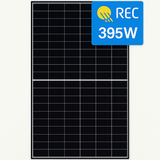 Solar panel with 'REC' logo and 395W rating on a white background
