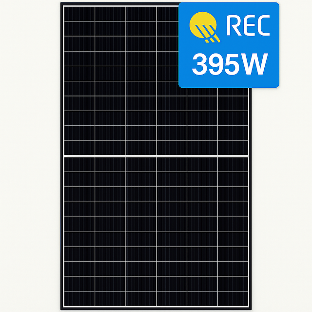 Solar panel with 'REC' logo and 395W rating on a white background