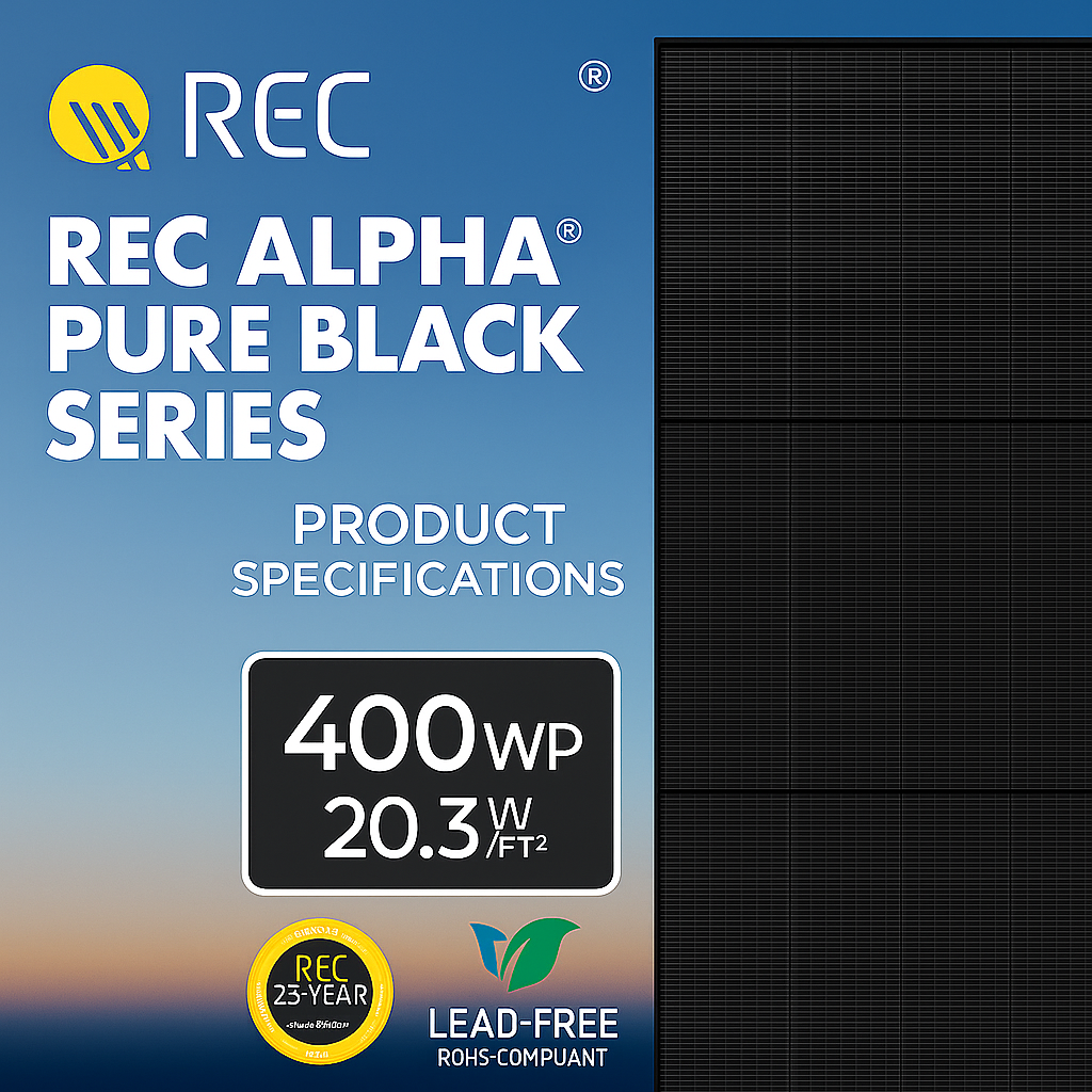 Product specifications for REC Alpha Pure Black Series solar panels on a blue background.