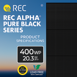 Product specifications for REC Alpha Pure Black Series solar panels on a blue background.