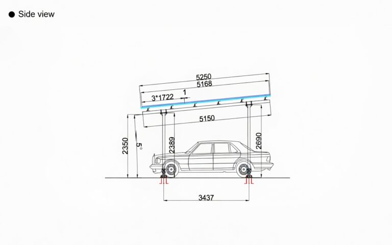 Side profile showing 5 degree tilt and car clearance